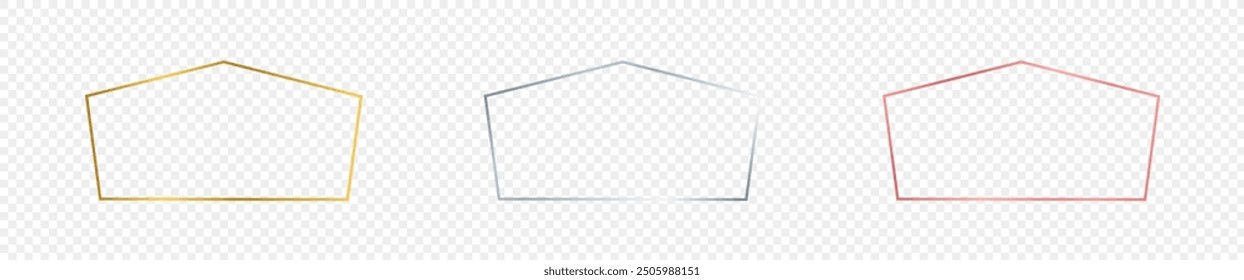 Set of three gold, silver and rose gold glowing tetragon shape frames isolated on transparent background. Shiny frame with glowing effects. Vector illustration