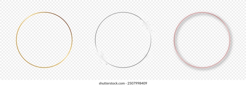 Set of three gold, silver and rose gold glowing circle frames isolated on transparent background. Shiny frame with glowing effects. Vector illustration