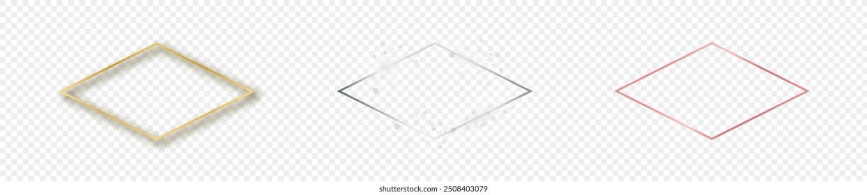 Conjunto de tres marcos de forma de rombo brillante de oro, plata y oro rosa aislados sobre fondo transparente. Marco brillante con efectos brillantes. Ilustración vectorial