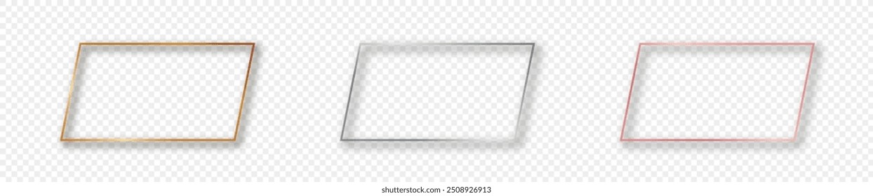 Set von drei goldenen, silbernen und roségoldenen glühenden rechteckigen Rahmen einzeln auf transparentem Hintergrund. Glänzender Rahmen mit glühenden Effekten. Vektorgrafik