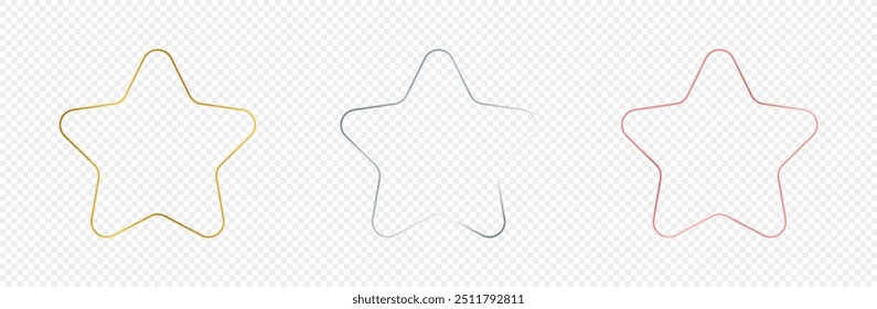 Set of three gold, silver and rose gold glowing rounded star frames isolated on transparent background. Shiny frame with glowing effects. Vector illustration