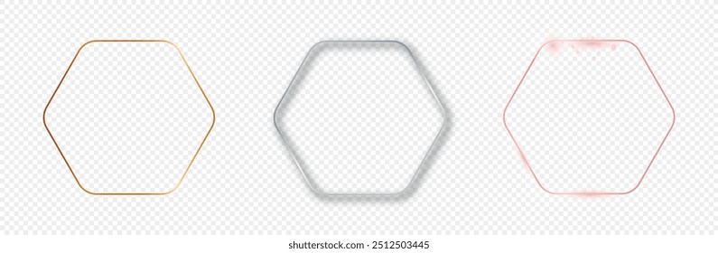 Conjunto de três quadros de hexágono arredondados brilhantes em ouro, prata e ouro rosa isolados sobre fundo transparente. Quadro brilhante com efeitos brilhantes. Ilustração vetorial