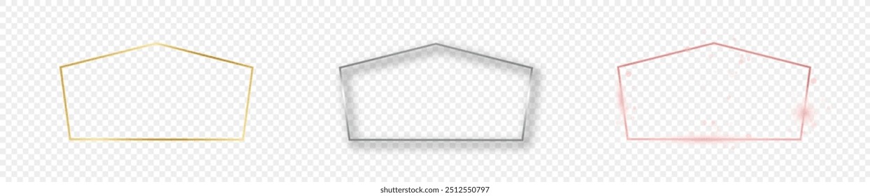 Conjunto de tres marcos de forma de tetragón brillante de oro, plata y oro rosa aislados sobre fondo transparente. Marco brillante con efectos brillantes. Ilustración vectorial
