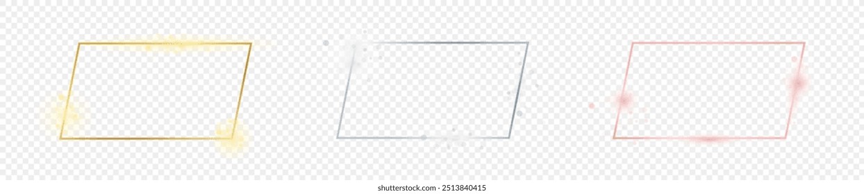 Set of three gold, silver and rose gold glowing rectangular shape frames isolated on transparent background. Shiny frame with glowing effects. Vector illustration