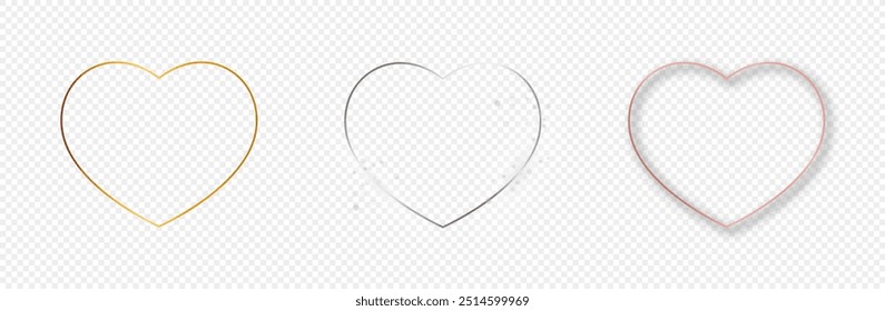 Set of three gold, silver and rose gold glowing heart shape frames isolated on transparent background. Shiny frame with glowing effects. Vector illustration