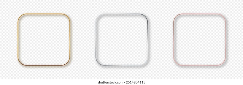 Conjunto de tres marcos cuadrados redondeados brillantes de oro, plata y oro rosa aislados sobre fondo transparente. Marco brillante con efectos brillantes. Ilustración vectorial