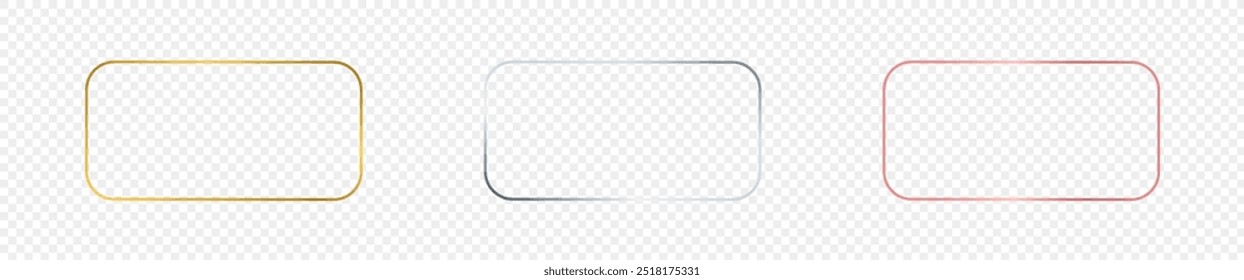 Set aus drei goldenen, silbernen und roségoldenen glühenden, abgerundeten, rechteckigen Rahmen, einzeln auf transparentem Hintergrund. Glänzender Rahmen mit glühenden Effekten. Vektorgrafik