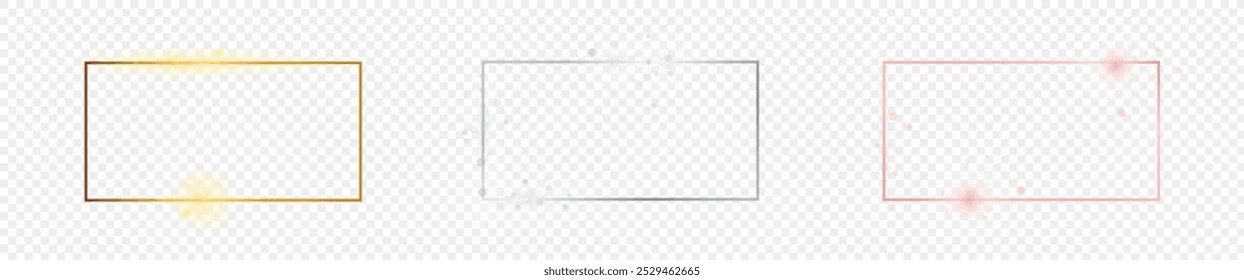 Conjunto de tres marcos de forma rectangular brillante de oro, plata y oro rosa aislados sobre fondo transparente. Marco brillante con efectos brillantes. Ilustración vectorial