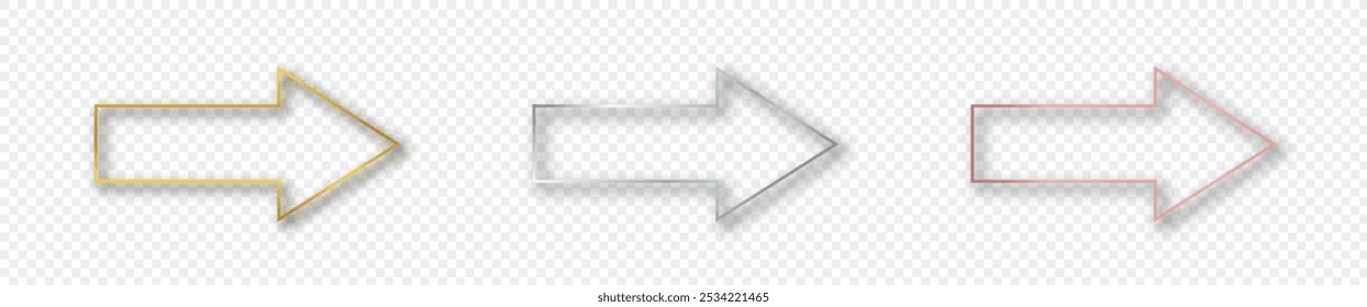 Conjunto de tres marcos de forma de flecha brillante de oro, plata y oro rosa aislados sobre fondo transparente. Marco brillante con efectos brillantes. Ilustración vectorial