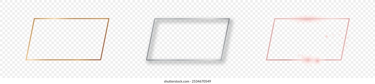 Set of three gold, silver and rose gold glowing rectangular shape frames isolated on transparent background. Shiny frame with glowing effects. Vector illustration