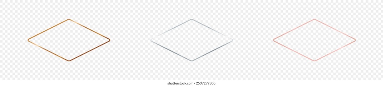 Set of three gold, silver and rose gold glowing rounded rhombus shape frames isolated on transparent background. Shiny frame with glowing effects. Vector illustration