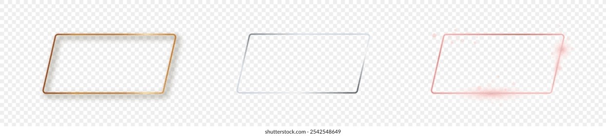 Set of three gold, silver and rose gold glowing rounded parallelogram shape frames isolated on transparent background. Shiny frame with glowing effects. Vector illustration