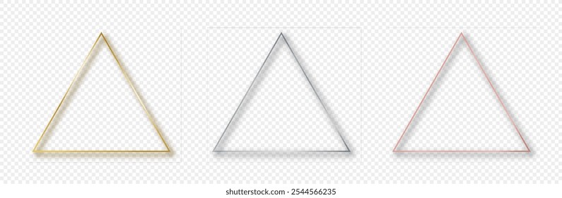 Set of three gold, silver and rose gold glowing triangle frames isolated on transparent background. Shiny frame with glowing effects. Vector illustration