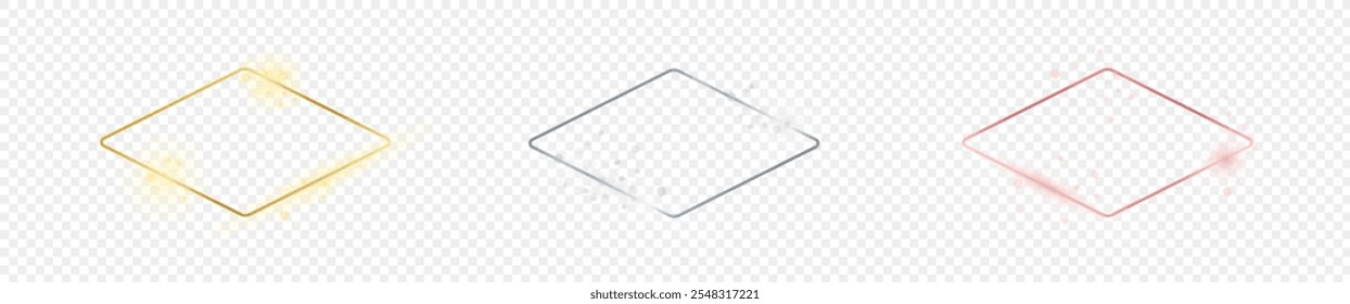 Conjunto de tres marcos de forma de rombo redondeado brillante de oro, plata y oro rosa aislados sobre fondo transparente. Marco brillante con efectos brillantes. Ilustración vectorial
