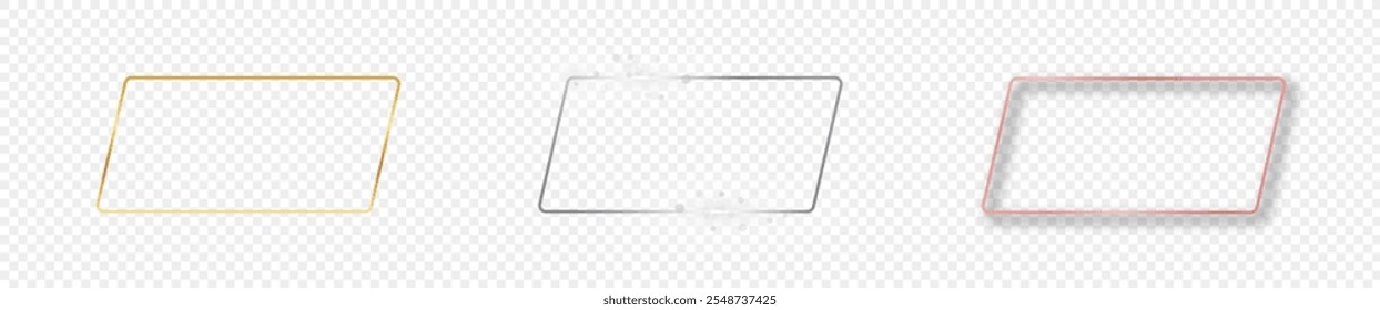 Set of three gold, silver and rose gold glowing rounded parallelogram shape frames isolated on transparent background. Shiny frame with glowing effects. Vector illustration