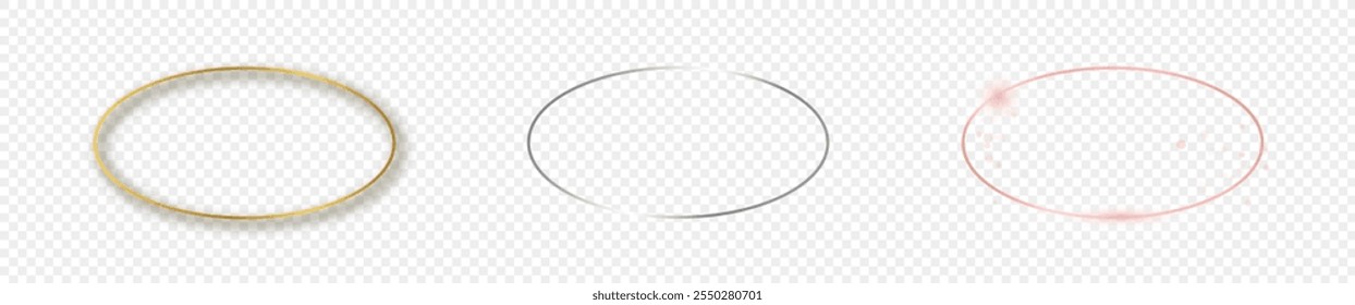Set of three gold, silver and rose gold glowing oval shape frames isolated on transparent background. Shiny frame with glowing effects. Vector illustration