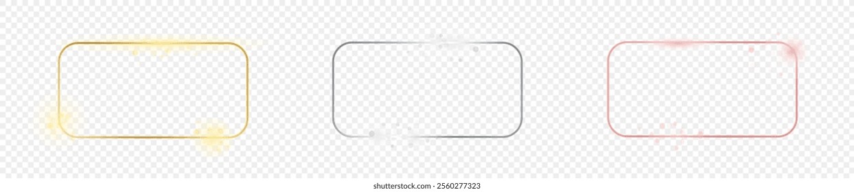 Set of three gold, silver and rose gold glowing rounded rectangular shape frames isolated on transparent background. Shiny frame with glowing effects. Vector illustration