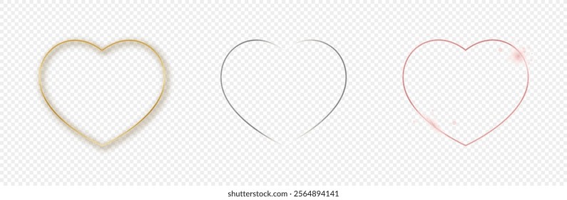 Set of three gold, silver and rose gold glowing heart shape frames isolated on transparent background. Shiny frame with glowing effects. Vector illustration