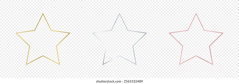 Set of three gold, silver and rose gold glowing star shape frames isolated on transparent background. Shiny frame with glowing effects. Vector illustration