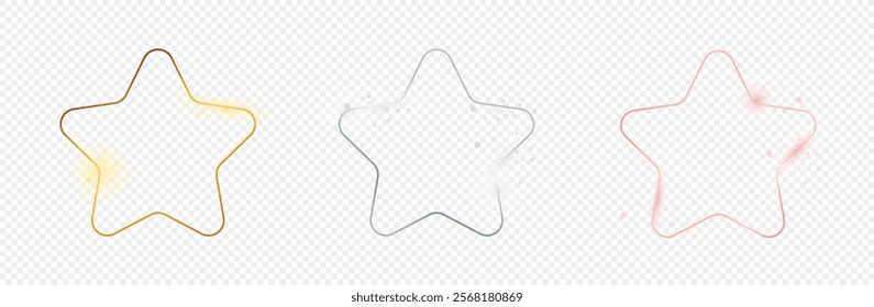 Set of three gold, silver and rose gold glowing rounded star frames isolated on transparent background. Shiny frame with glowing effects. Vector illustration