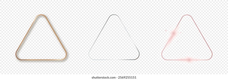 Set of three gold, silver and rose gold glowing rounded rhombus frames isolated on transparent background. Shiny frame with glowing effects. Vector illustration