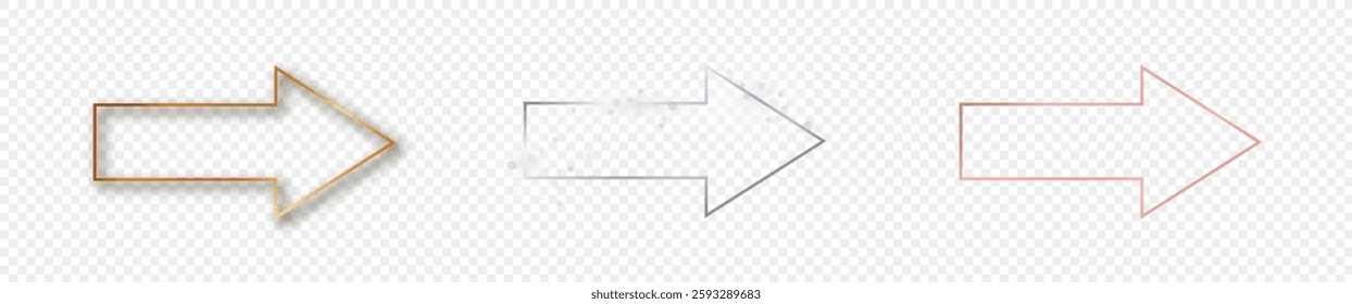 Set of three gold, silver and rose gold glowing arrow shape frames isolated on transparent background. Shiny frame with glowing effects. Vector illustration