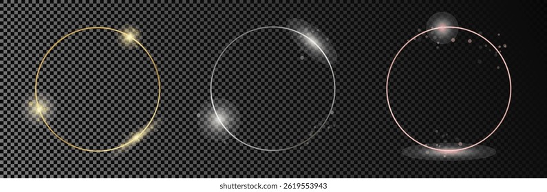 Set of three gold, silver and rose gold glowing circle frames isolated on dark transparent background. Shiny frame with glowing effects. Vector illustration