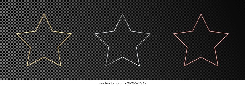 Set of three gold, silver and rose gold glowing star shape frames isolated on dark transparent background. Shiny frame with glowing effects. Vector illustration