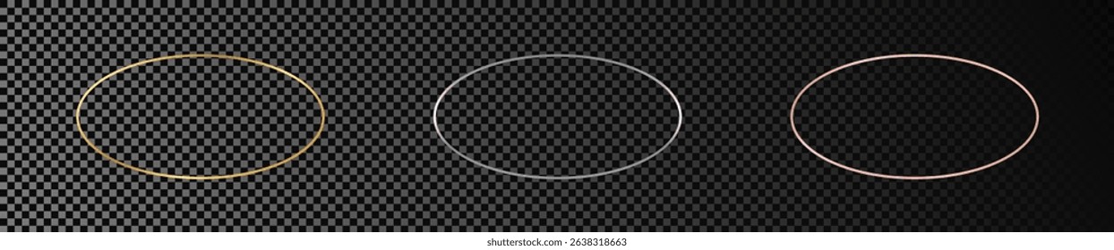 Set of three gold, silver and rose gold glowing oval shape frames isolated on dark transparent background. Shiny frame with glowing effects. Vector illustration