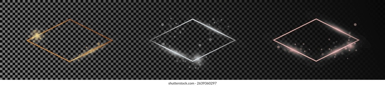 Set of three gold, silver and rose gold glowing rhombus shape frames isolated on dark transparent background. Shiny frame with glowing effects. Vector illustration