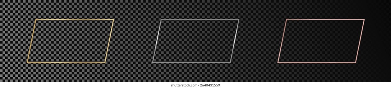 Set of three gold, silver and rose gold glowing rectangular shape frames isolated on dark transparent background. Shiny frame with glowing effects. Vector illustration