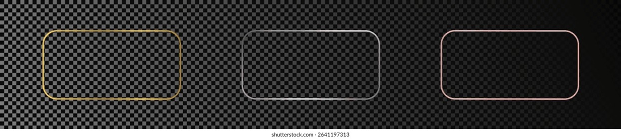 Set of three gold, silver and rose gold glowing rounded rectangular frames isolated on dark transparent background. Shiny frame with glowing effects. Vector illustration