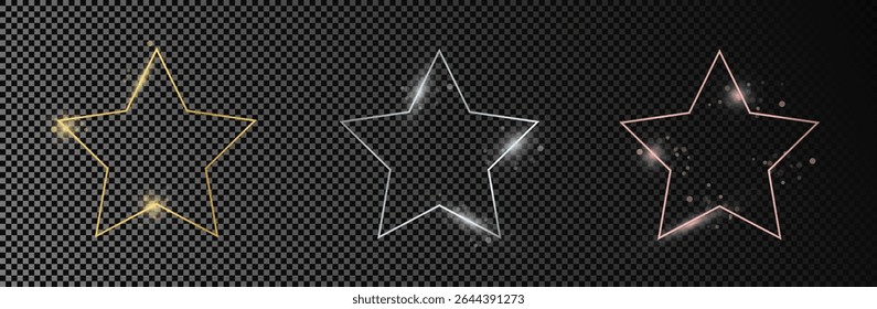 Set of three gold, silver and rose gold glowing star shape frames isolated on dark transparent background. Shiny frame with glowing effects. Vector illustration