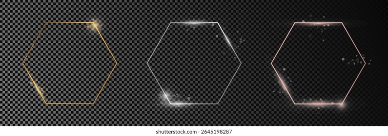Conjunto de tres marcos hexagonales brillantes de oro, plata y oro rosa aislados sobre fondo transparente oscuro. Marco brillante con efectos brillantes. Ilustración vectorial