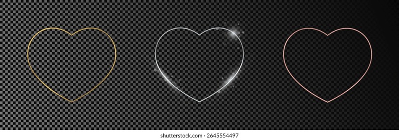 Set of three gold, silver and rose gold glowing heart shape frames isolated on dark transparent background. Shiny frame with glowing effects. Vector illustration