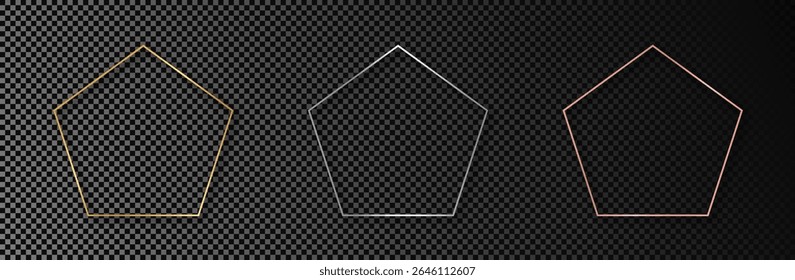 Set of three gold, silver and rose gold glowing pentagon frames isolated on dark transparent background. Shiny frame with glowing effects. Vector illustration
