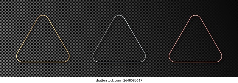 Set of three gold, silver and rose gold glowing rounded rhombus frames isolated on dark transparent background. Shiny frame with glowing effects. Vector illustration