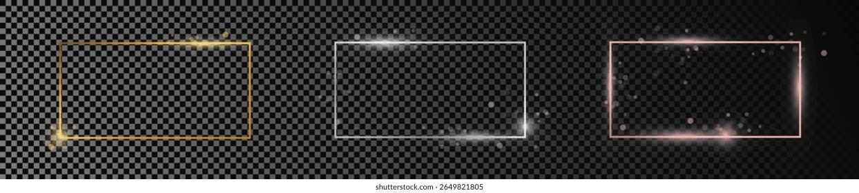 Conjunto de tres marcos de forma rectangular brillante de oro, plata y oro rosa aislados sobre fondo transparente oscuro. Marco brillante con efectos brillantes. Ilustración vectorial