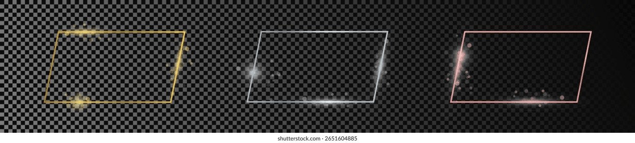 Set of three gold, silver and rose gold glowing rectangular shape frames isolated on dark transparent background. Shiny frame with glowing effects. Vector illustration