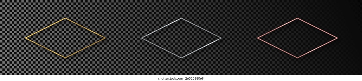 Set of three gold, silver and rose gold glowing rhombus shape frames isolated on dark transparent background. Shiny frame with glowing effects. Vector illustration