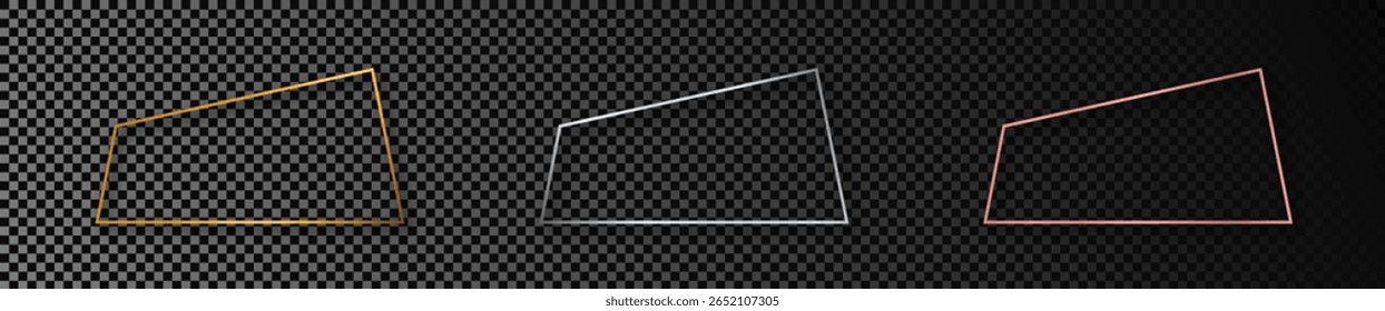 Conjunto de três molduras trapezoides douradas, prateadas e douradas brilhantes isoladas sobre fundo transparente escuro. Quadro brilhante com efeitos brilhantes. Ilustração vetorial