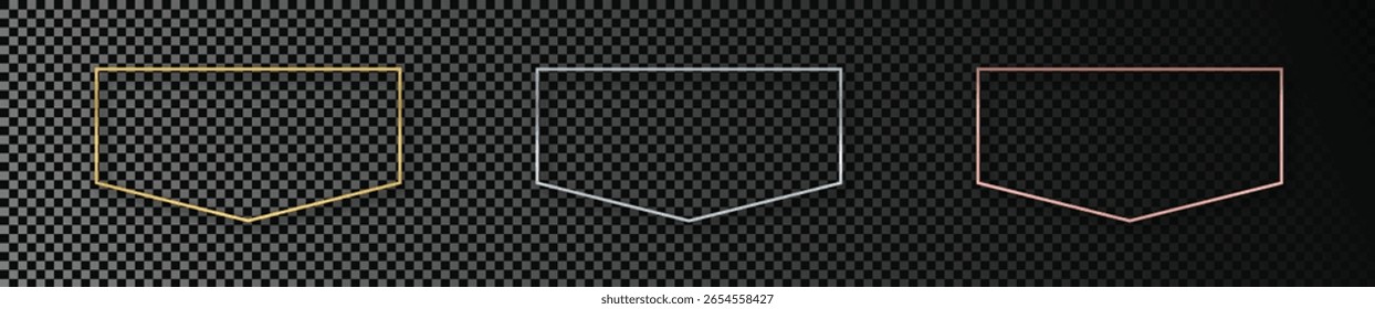 Conjunto de três quadros dourados, prateados e dourados rosa brilhantes isolados em fundo transparente escuro. Quadro brilhante com efeitos brilhantes. Ilustração vetorial