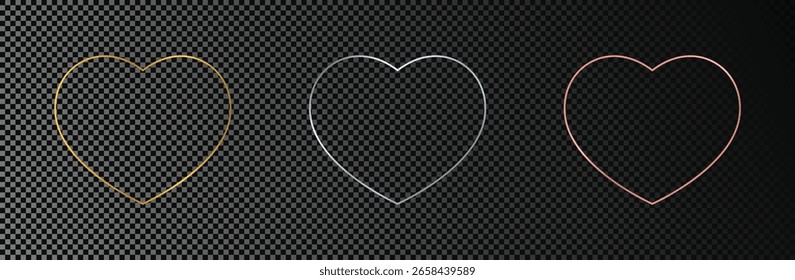 Set of three gold, silver and rose gold glowing heart shape frames isolated on dark transparent background. Shiny frame with glowing effects. Vector illustration