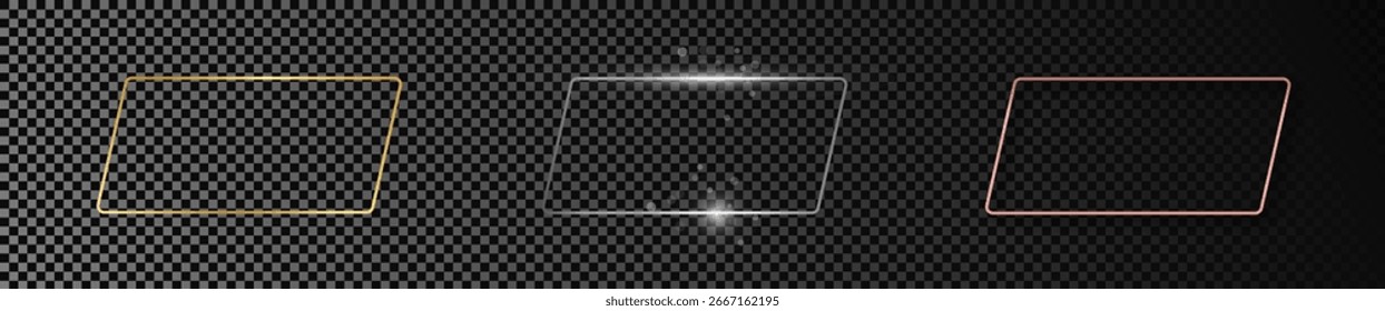 Set of three gold, silver and rose gold glowing rounded parallelogram frames isolated on dark transparent background. Shiny frame with glowing effects. Vector illustration
