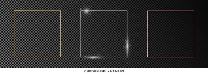 Set of three gold, silver and rose gold glowing square frames isolated on dark transparent background. Shiny frame with glowing effects. Vector illustration