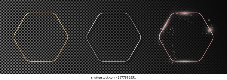 Conjunto de tres marcos hexagonales redondeados brillantes de oro, plata y oro rosa aislados sobre fondo transparente oscuro. Marco brillante con efectos brillantes. Ilustración vectorial