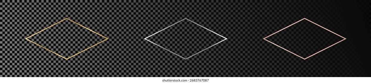 Conjunto de tres marcos de forma de rombo brillante de oro, plata y oro rosa aislados sobre fondo transparente oscuro. Marco brillante con efectos brillantes. Ilustración vectorial