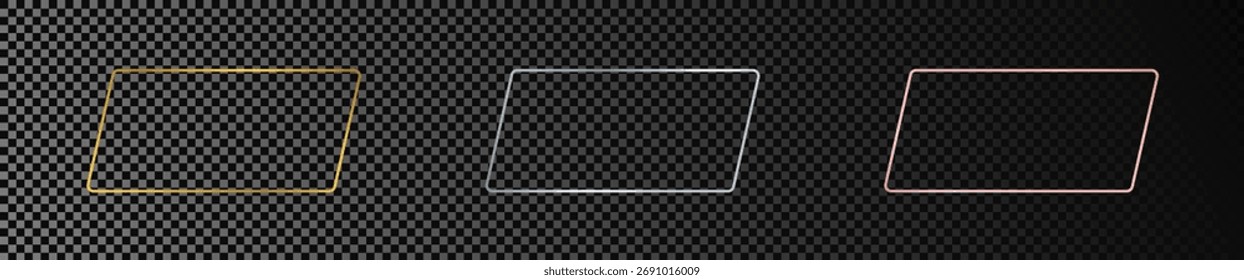 Conjunto de tres marcos de paralelogramo redondeados brillantes de oro, plata y oro rosa aislados sobre fondo transparente oscuro. Marco brillante con efectos brillantes. Ilustración vectorial