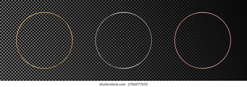 Conjunto de tres marcos de círculo brillante de oro, plata y oro rosa aislados sobre fondo transparente oscuro. Marco brillante con efectos brillantes. Ilustración vectorial