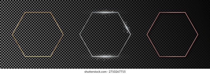 Conjunto de tres marcos hexagonales brillantes de oro, plata y oro rosa aislados sobre fondo transparente oscuro. Marco brillante con efectos brillantes. Ilustración vectorial